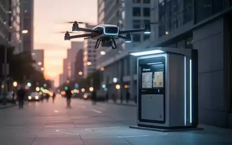 Eine moderne Lieferdrohne über einer gesicherten Abholstation für Medikamente in einem urbanen Umfeld. - Foto: über boerse-global.de