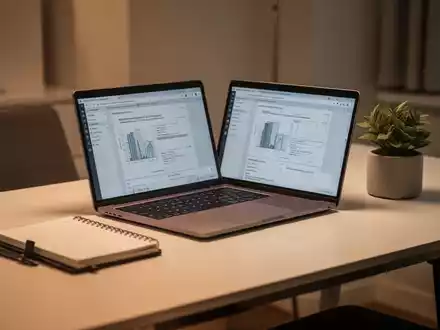 Ein aufgeräumter, moderner Schreibtisch mit Laptop und Notizbuch in einer ruhigen, fokussierten Arbeitsumgebung. - Foto: über boerse-global.de