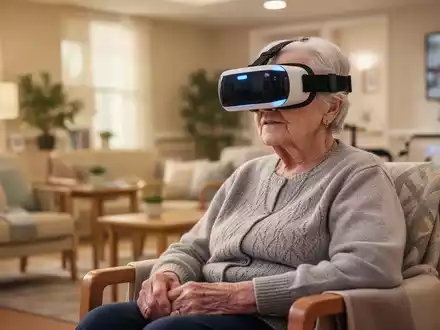 Eine ältere Person trägt eine VR-Brille in einem hellen, gemütlichen Pflegeheim, umgeben von einer modernen und freundlichen Atmosphäre. - Foto: über boerse-global.de