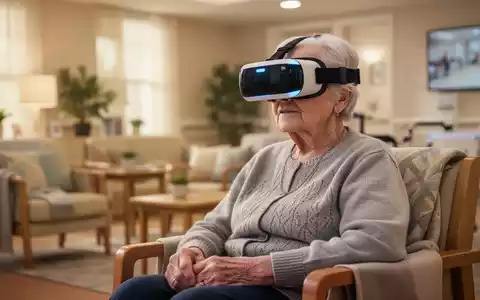 Eine ältere Person trägt eine VR-Brille in einem hellen, gemütlichen Pflegeheim, umgeben von einer modernen und freundlichen Atmosphäre. - Foto: über boerse-global.de