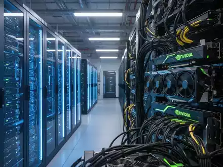 Moderne Serverräume in einem Hochleistungs-Rechenzentrum mit leuchtenden GPU-Racks und technischer Infrastruktur. - Foto: über boerse-global.de