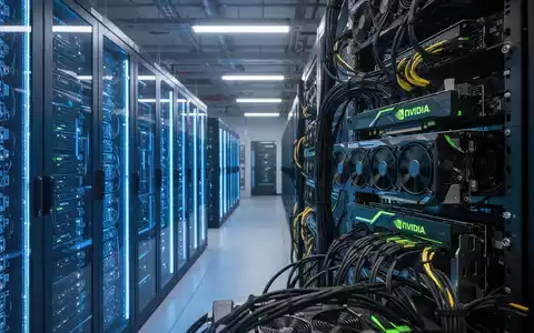 Moderne Serverräume in einem Hochleistungs-Rechenzentrum mit leuchtenden GPU-Racks und technischer Infrastruktur. - Foto: über boerse-global.de