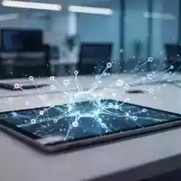 Digitales Tablet mit abstrakten neuronalen Netzwerkstrukturen und Datenströmen in einer modernen Büroumgebung. - Foto: über boerse-global.de