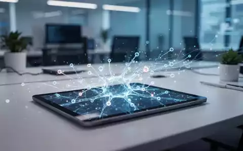 Digitales Tablet mit abstrakten neuronalen Netzwerkstrukturen und Datenströmen in einer modernen Büroumgebung. - Foto: über boerse-global.de