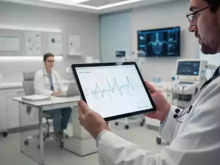 Ein Arzt hält ein Tablet mit einer grafischen Darstellung von Blutzuckerwerten in einer modernen medizinischen Praxis. - Foto: über boerse-global.de