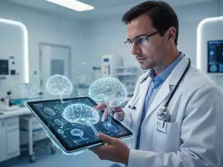 Ein Arzt betrachtet komplexe medizinische Datenvisualisierungen und KI-Analysen auf einem Tablet in einer Klinik. - Foto: über boerse-global.de