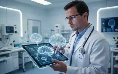 Ein Arzt betrachtet komplexe medizinische Datenvisualisierungen und KI-Analysen auf einem Tablet in einer Klinik. - Foto: über boerse-global.de
