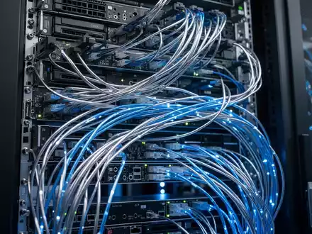 Modernes Server-Rack in einem Rechenzentrum mit leuchtenden Glasfaserkabeln und hochmoderner Hardware-Architektur. - Foto: über boerse-global.de