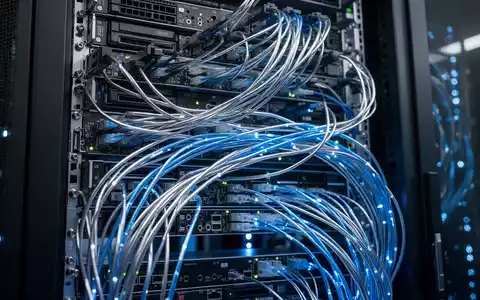 Modernes Server-Rack in einem Rechenzentrum mit leuchtenden Glasfaserkabeln und hochmoderner Hardware-Architektur. - Foto: über boerse-global.de