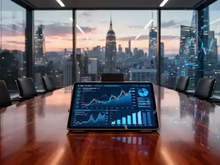 Modernes Sitzungszimmer mit digitalen Marktdaten und KI-Wachstumsgrafiken auf einem Tablet vor einer Skyline. - Foto: über boerse-global.de