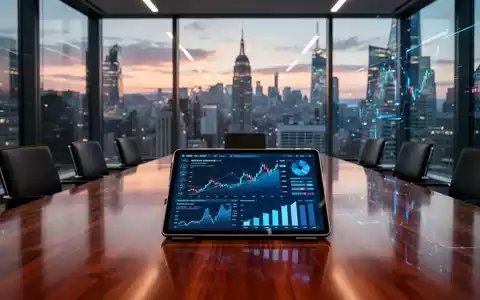 Modernes Sitzungszimmer mit digitalen Marktdaten und KI-Wachstumsgrafiken auf einem Tablet vor einer Skyline. - Foto: über boerse-global.de