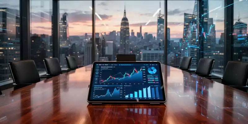 Modernes Sitzungszimmer mit digitalen Marktdaten und KI-Wachstumsgrafiken auf einem Tablet vor einer Skyline. - Foto: über boerse-global.de