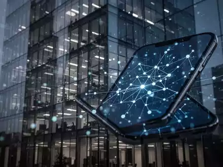 Abstraktes digitales Datennetzwerk auf einem Smartphone vor einem modernen Bürogebäude, symbolisch für Datenschutzbedenken. - Foto: über boerse-global.de
