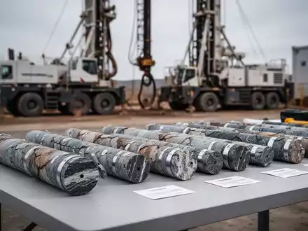 Geologische Bohrkernproben auf einem Arbeitstisch vor einer industriellen Bergbauanlage. - Foto: über boerse-global.de