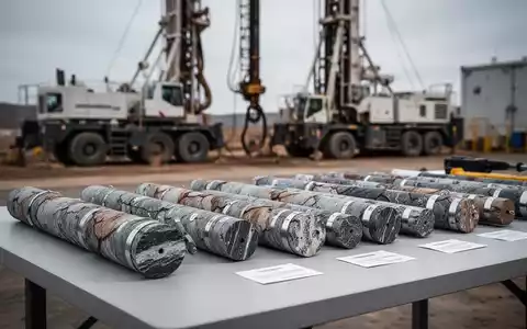 Geologische Bohrkernproben auf einem Arbeitstisch vor einer industriellen Bergbauanlage. - Foto: über boerse-global.de