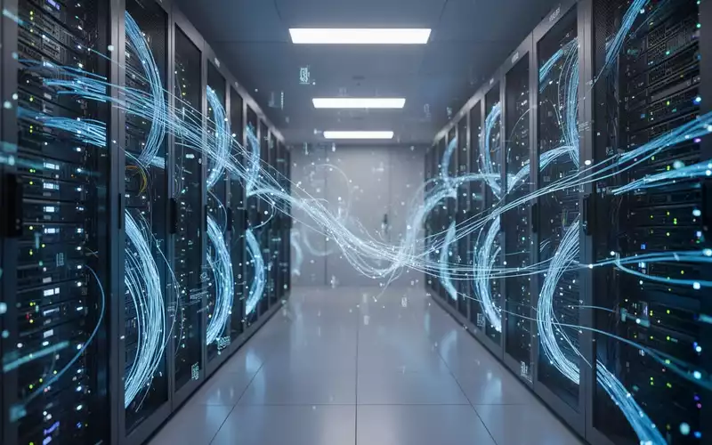 Moderne Serverinfrastruktur mit leuchtenden Glasfaserkabeln und digitaler Datenvisualisierung für KI-Workloads. - Foto: über boerse-global.de