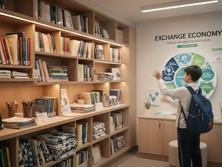 Ordentlich eingerichteter Secondhand-Raum in einer Schule mit Regalen voller Textilien und Schulmaterialien. - Foto: über boerse-global.de