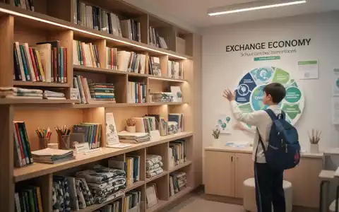 Ordentlich eingerichteter Secondhand-Raum in einer Schule mit Regalen voller Textilien und Schulmaterialien. - Foto: über boerse-global.de