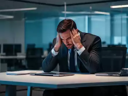 Ein erschöpfter Mitarbeiter sitzt an einem modernen Schreibtisch in einem Büro, symbolisch für psychische Belastung. - Foto: über boerse-global.de