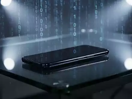 Ein Smartphone auf einem dunklen Schreibtisch mit abstrakten digitalen Datenmustern im Hintergrund, die Verschlüsselungssicherheit darstellen. - Foto: über boerse-global.de