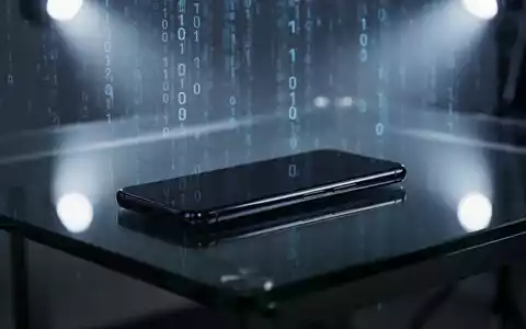 Ein Smartphone auf einem dunklen Schreibtisch mit abstrakten digitalen Datenmustern im Hintergrund, die Verschlüsselungssicherheit darstellen. - Foto: über boerse-global.de