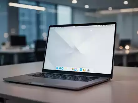 Ein moderner Laptop mit einem Linux-Desktop-Betriebssystem auf dem Bildschirm in einer professionellen BĂŒroumgebung. - Foto: ĂŒber boerse-global.de