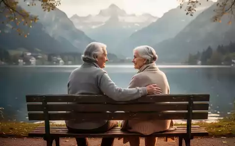 Ein älteres Ehepaar sitzt gemeinsam auf einer Parkbank vor einer Bergkulisse in Interlaken. - Foto: über boerse-global.de