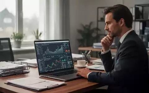 Ein moderner Büroarbeitsplatz mit einem Laptop, das komplexe Daten zeigt, und ein nachdenklicher Geschäftsmann im Hintergrund. - Foto: über boerse-global.de