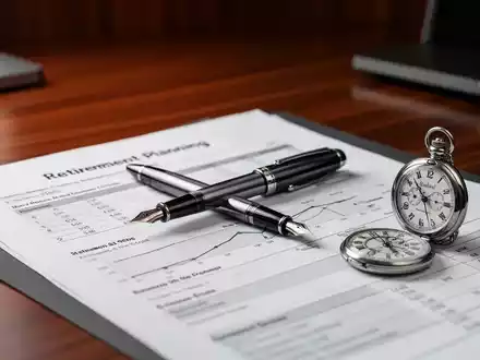 Schreibtisch mit einem Finanzplan für den Ruhestand und einer Taschenuhr als Symbol für zeitliche Planung. - Foto: über boerse-global.de