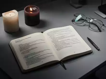 Ein minimalistischer Schreibtisch mit Notizbuch und Brille in gedimmtem Licht als Symbol für kritische Selbstreflexion. - Foto: über boerse-global.de