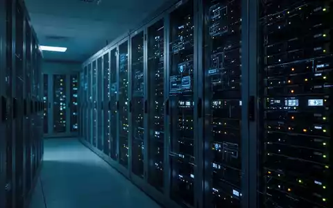 Gedimmt beleuchteter moderner Serverraum mit Rack-Reihen und leuchtend blauen Anzeigelichtern, die digitale Infrastruktur repräsentieren. - Foto: über boerse-global.de