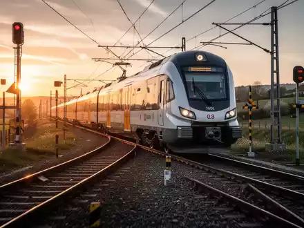Ein moderner Regionalzug fährt auf Gleisen durch eine ländliche Landschaft bei Sonnenuntergang. - Foto: über boerse-global.de