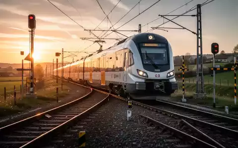 Ein moderner Regionalzug fährt auf Gleisen durch eine ländliche Landschaft bei Sonnenuntergang. - Foto: über boerse-global.de