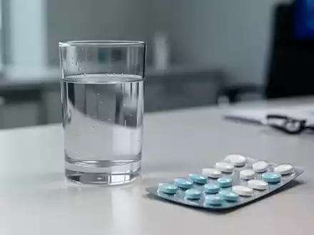 Ein Glas Leitungswasser und eine Medikamentenpackung auf einem medizinischen Untersuchungstisch. - Foto: über boerse-global.de