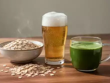 Ein Arrangement aus alkoholfreiem Bier, Haferflocken und Matcha-Tee auf einem Holztisch, beleuchtet durch sanftes Tageslicht. - Foto: über boerse-global.de