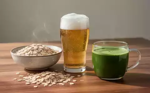 Ein Arrangement aus alkoholfreiem Bier, Haferflocken und Matcha-Tee auf einem Holztisch, beleuchtet durch sanftes Tageslicht. - Foto: ĂŒber boerse-global.de