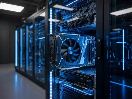 Nahaufnahme moderner Grafikprozessoren in einem Hochleistungsserverraum, die die technologische Infrastruktur für KI darstellen. - Foto: über boerse-global.de