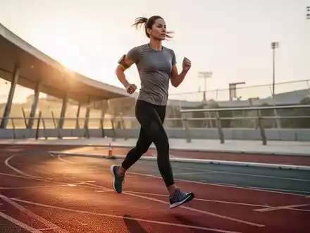 Eine sportlich gekleidete Person beim zügigen Gehen auf einer Laufbahn im Freien bei goldenem Licht. - Foto: über boerse-global.de