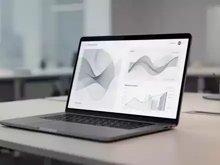 Moderner Büroarbeitsplatz mit Laptop, der digitale Produktivitätssoftware und Datenvisualisierung zeigt. - Foto: über boerse-global.de
