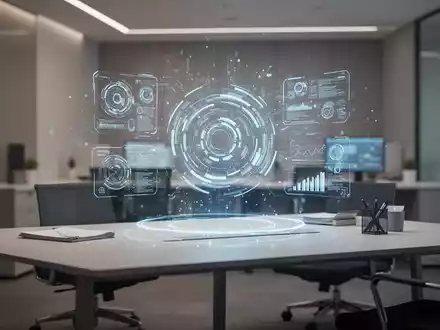Ein moderner, minimalistischer Schreibtisch mit digitalem holografischem Interface für KI-gesteuertes Daten- und Workflow-Management. - Foto: über boerse-global.de
