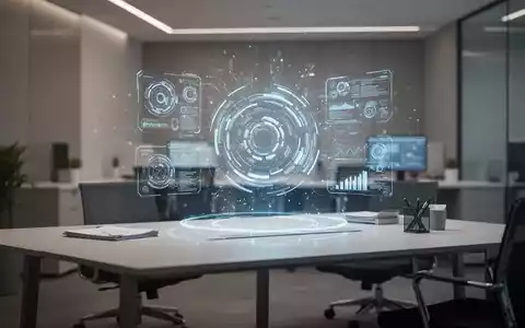 Ein moderner, minimalistischer Schreibtisch mit digitalem holografischem Interface für KI-gesteuertes Daten- und Workflow-Management. - Foto: über boerse-global.de