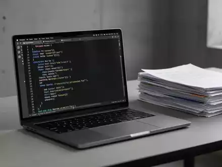 Ein moderner Arbeitsplatz mit einem Laptop, der Markdown-Code anzeigt, neben strukturierten Office-Dokumenten. - Foto: über boerse-global.de