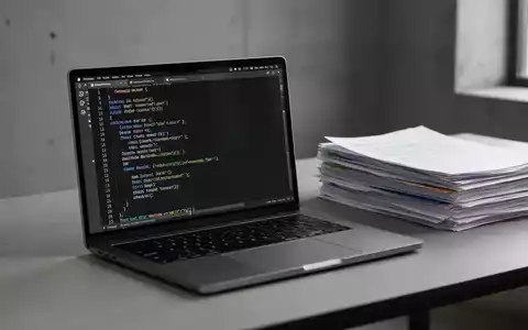 Ein moderner Arbeitsplatz mit einem Laptop, der Markdown-Code anzeigt, neben strukturierten Office-Dokumenten. - Foto: über boerse-global.de