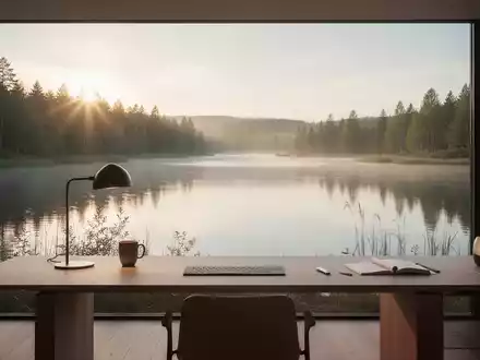 Eine moderne, minimalistische Arbeitsumgebung, die fließend in eine ruhige Seenlandschaft übergeht, symbolisiert Erholung. - Foto: über boerse-global.de