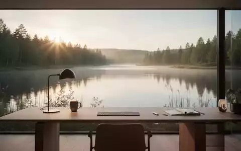 Eine moderne, minimalistische Arbeitsumgebung, die fließend in eine ruhige Seenlandschaft übergeht, symbolisiert Erholung. - Foto: über boerse-global.de