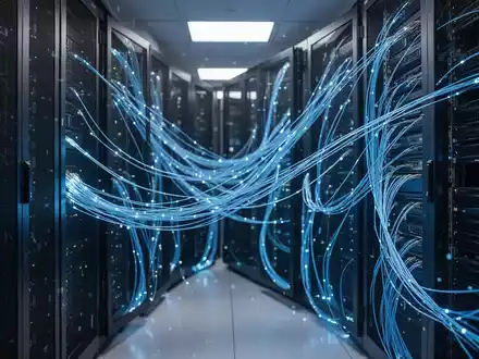 Modernes Server-Rechenzentrum mit leuchtenden Glasfaserkabeln als Symbol für IT-Sicherheit und digitale Infrastruktur. - Foto: über boerse-global.de