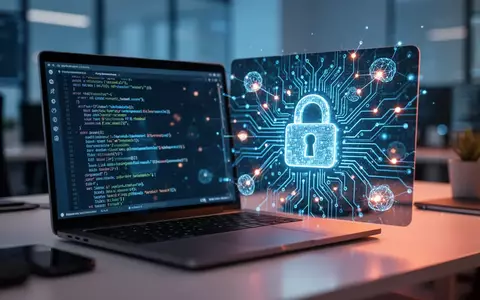 Ein Laptop-Bildschirm mit komplexem Code und digitalen Sicherheits-Symbolen, die eine Cyber-Bedrohung für KI-Entwickler darstellen. - Foto: über boerse-global.de