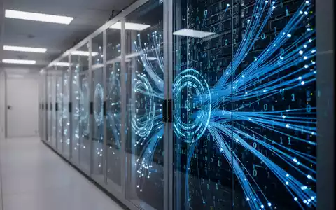 Modernes Server-Rechenzentrum mit abstrakten Datenvisualisierungen und blauer Beleuchtung als Symbol für KI-Sicherheit. - Foto: über boerse-global.de