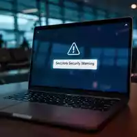 Laptop in einem Flughafen-Lounge-Bereich mit einer Sicherheitswarnung auf dem Bildschirm als Symbol für Phishing-Gefahren. - Foto: über boerse-global.de