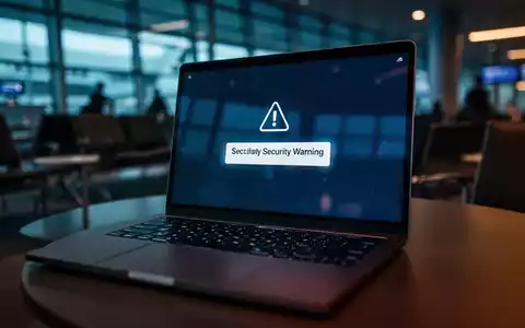 Laptop in einem Flughafen-Lounge-Bereich mit einer Sicherheitswarnung auf dem Bildschirm als Symbol für Phishing-Gefahren. - Foto: über boerse-global.de